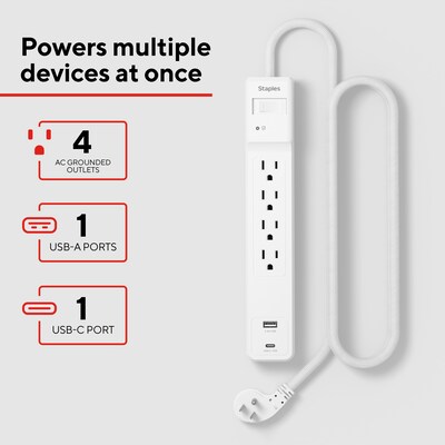 Staples TECH 4-Outlet 2-USB Port Surge Protector, 3, 1800 Joules, White (ST62773)