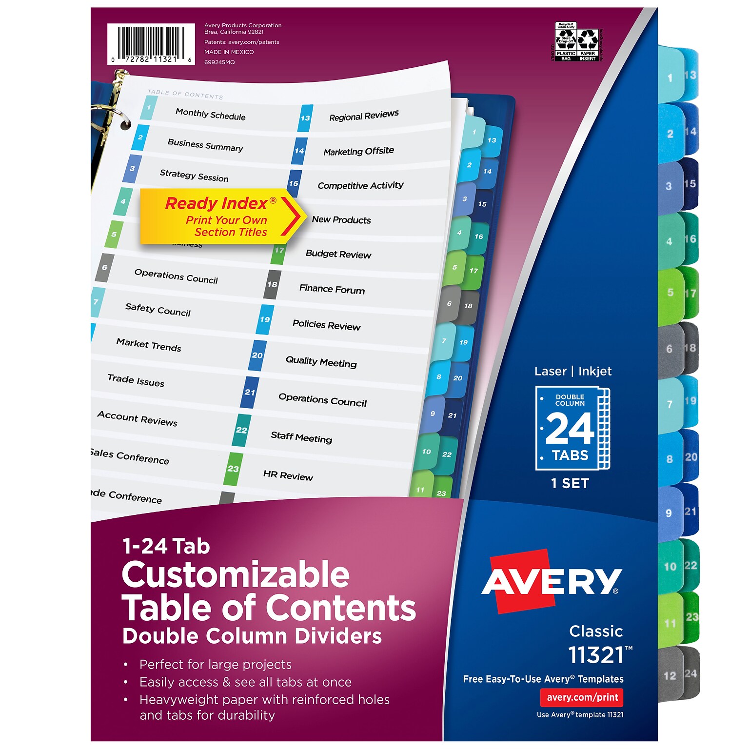 Avery Ready Index Table of Contents Double Column Paper Dividers, 1-24 Tabs, Multicolor (11321)