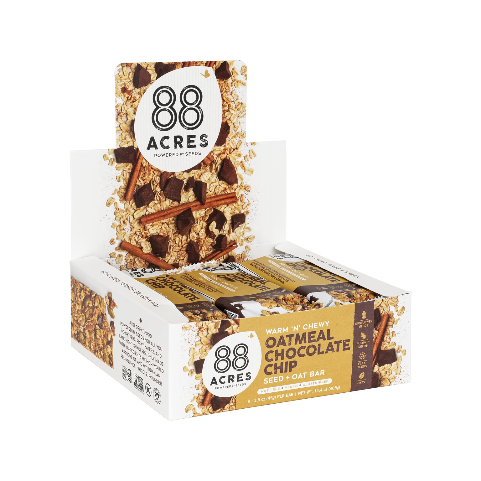 88 Acres Warm N Chewy Gluten-Free Oatmeal/Chocolate Chip Seed and Oat Bar, 1.6 oz., 9 Bars/Box (315111)