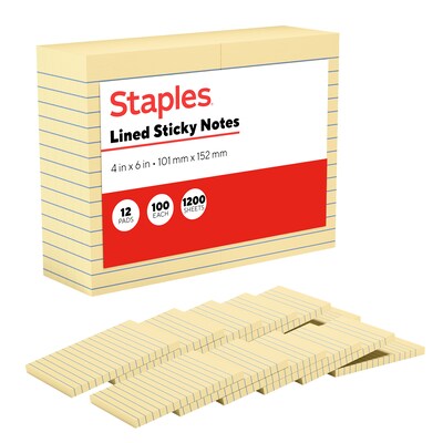 Staples Sticky Notes, 4 x 6, Lined, Yellow, 1200 Sheets – Large Ruled Notes for Planning, Projects & Office Use