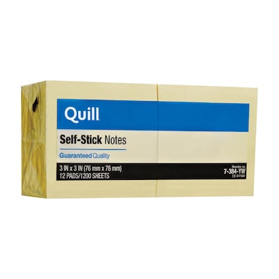 Quill Brand® Self Stick Notes, 3 x 3, Yellow, 100 Sheets/Pad, 12 Pads/Pack (7384YW)