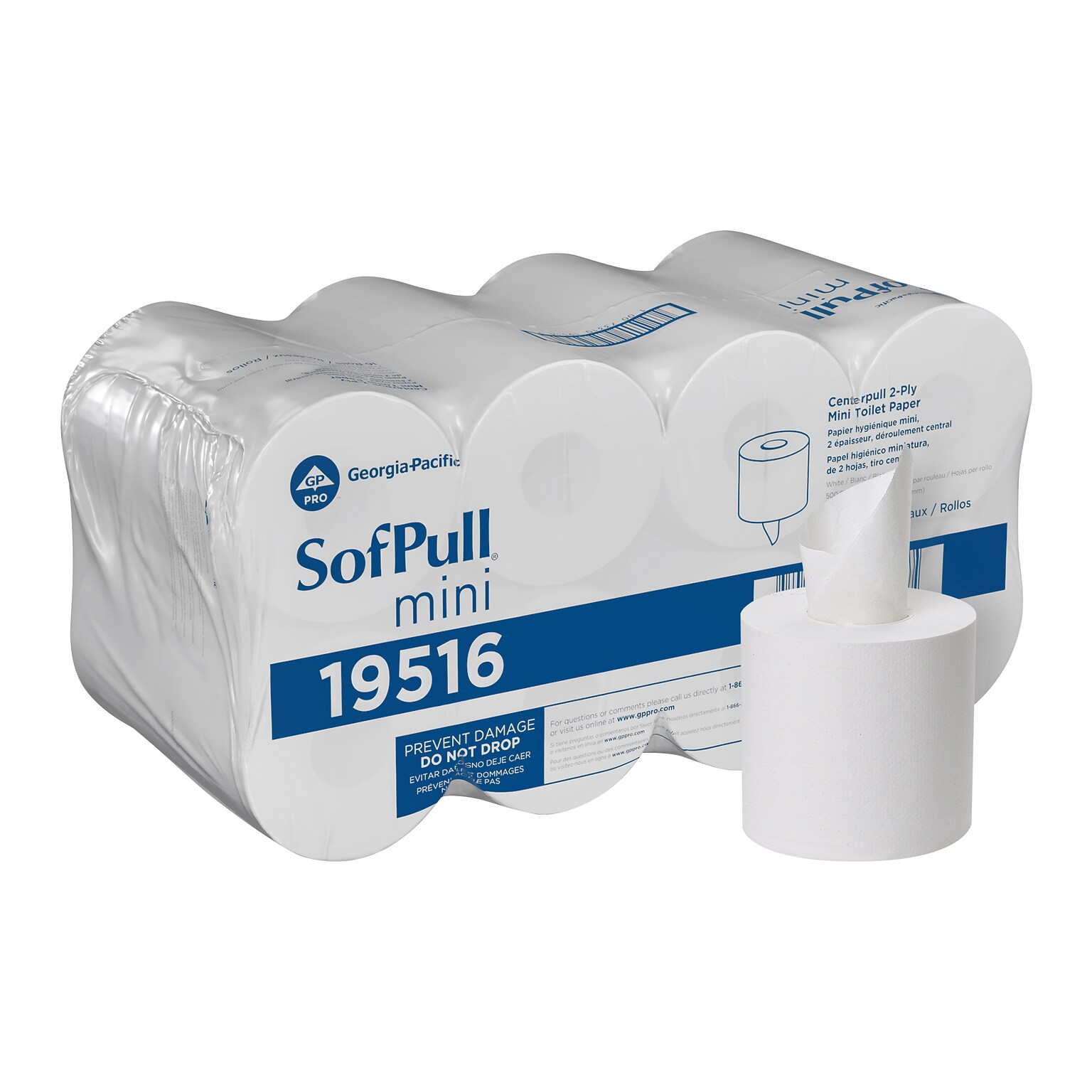 SofPull Mini Center-Pull Toilet Paper, 2-Ply, White, 500 Sheets/Roll, 16 Rolls/Carton (19516)