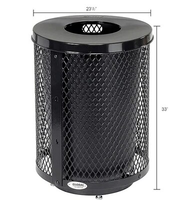 Global Industrial Outdoor Diamond Steel Trash Can w/ Flat Lid & Base, 36 Gallon, Black (261924BKD)