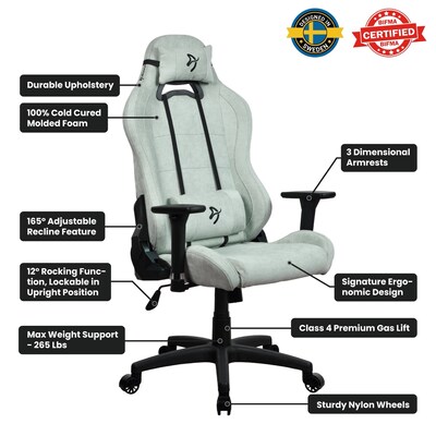 Arozzi Torretta Soft Fabric Ergonomic Racing Gaming Chair, Pearl Green (TORRETTA-SFB-PGN)