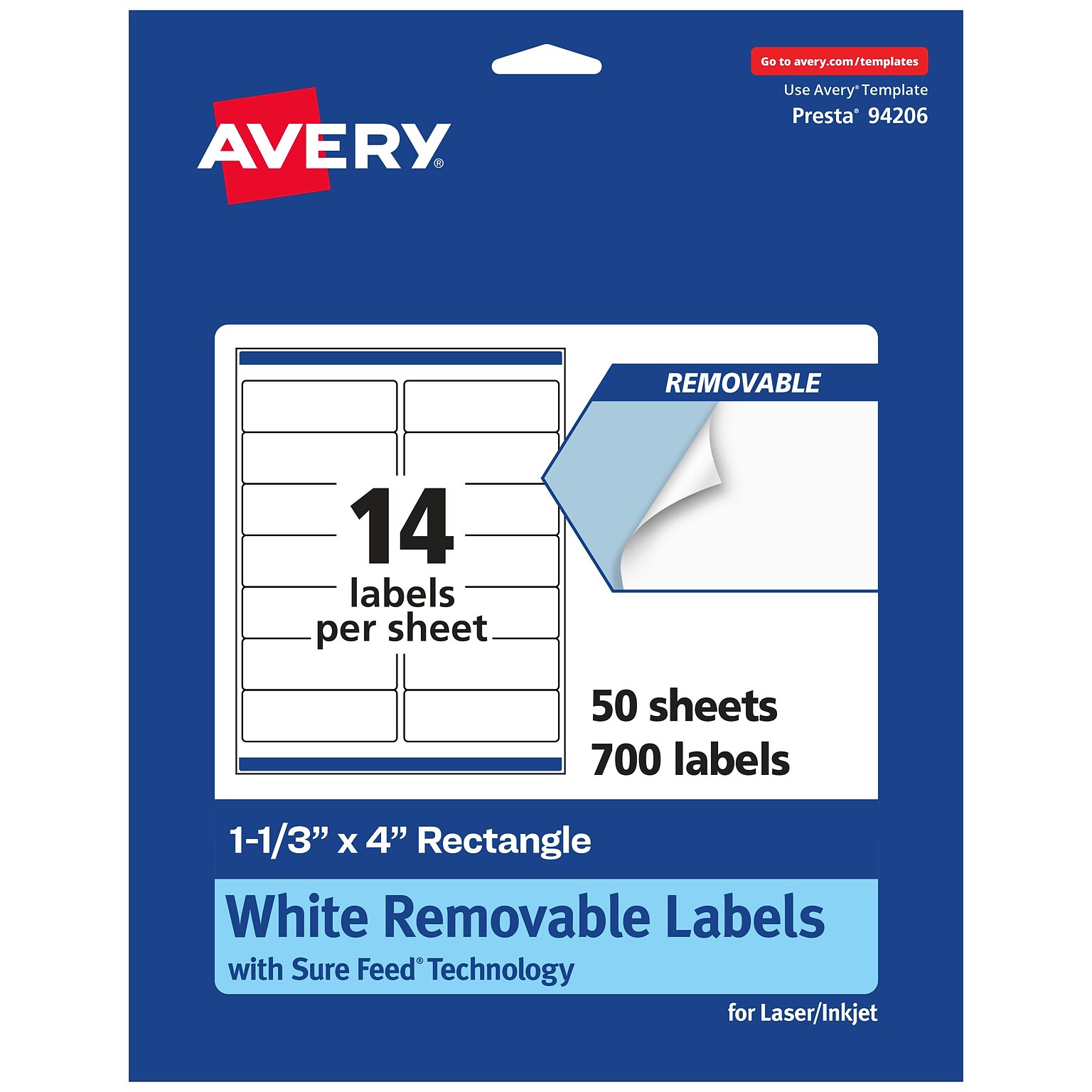 Avery Laser/Inkjet Rectangle Multipurpose Labels, 1-1/3 x 4, White, 700 Labels/Box (94206)