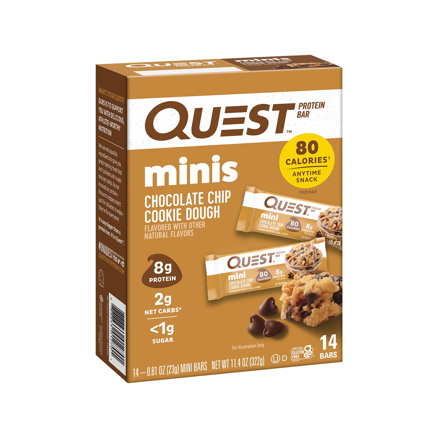 Quest Minis Gluten Free Chocolate Chip Cookie Dough Protein Bar, 0.81 oz., 14 Bars/Box (QPBMCCCD14M8)