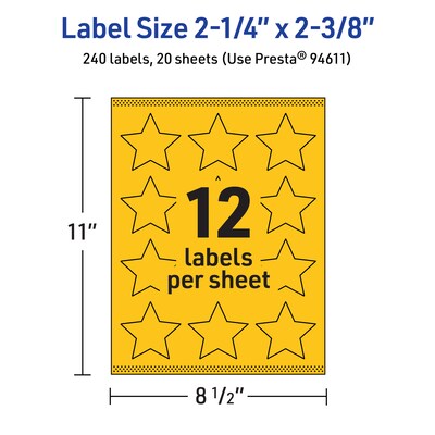 Avery Star Laser/Inkjet Multipurpose Labels, 2-1/4" x 2-3/8", Bright Yellow (240/Pack)