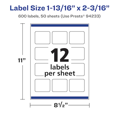 Avery Laser/Inkjet Rectangle Waterproof Multipurpose Labels, 2.1875"  x 1.8125", White, 600/Box (94233)
