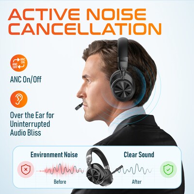 Delton M320 Wireless Active Noise Cancelling Bluetooth Stereo Business Computer Headset, Black (DBHM320D)