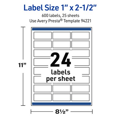 Avery Waterproof Rectangle Laser Multipurpose Labels, 1" x 2.5", White, 600/Pack (19479399249)