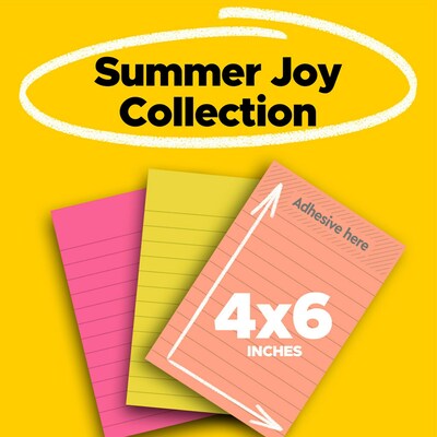 Post-it Super Sticky Notes, 4" x 6", Summer Joy Collection, Lined, 90 Sheet/Pad, 3 Pads/Pack (660-3SSJOY)