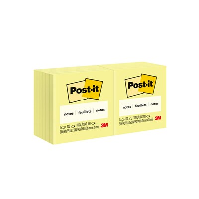 Post-it Sticky Notes, 3 x 3, Canary Collection, 100 Sheets/Pad, 12 Pads/Pack (654-12YW)