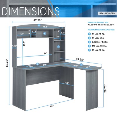 Techni Mobili 47" L-Shaped Desk, Gray (RTA-8410-GRY)