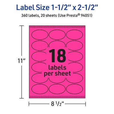 Avery Laser/Inkjet Oval Multipurpose Labels, 1.5" x 2.5", Neon Magenta, 360/Pack (94051)