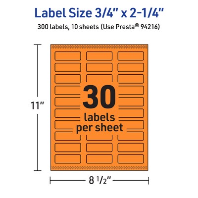 Avery Laser/Inkjet Multipurpose Rectangle Labels, 0.75" x 2.25", Bright Orange, 300/Pack (94216)