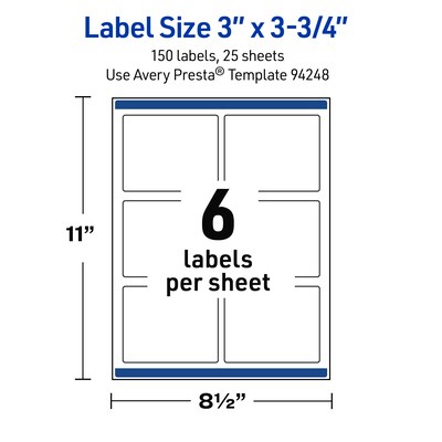 Avery Waterproof Rectangle Laser Multipurpose Labels, 3" x 3.75", White, 150/Pack (19479399333)