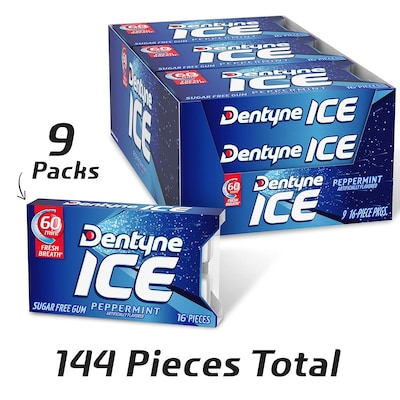 Dentyne Ice Sugar Free Peppermint Gum, 16 Pieces/Pack, 9 Packs/Box (VAM05111)
