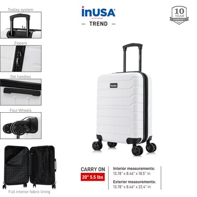 InUSA Trend 20" Hardside Carry-On Suitcase, 4-Wheeled Spinner, TSA Checkpoint Friendly, White (IUTRE00S-WHI)