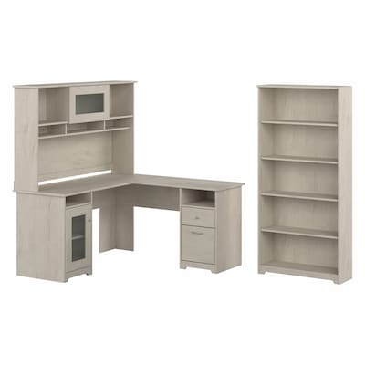 Bush Furniture Cabot 60 L-Shaped Desk with Hutch and 5-Shelf Bookcase, Linen White Oak (CAB011LW)