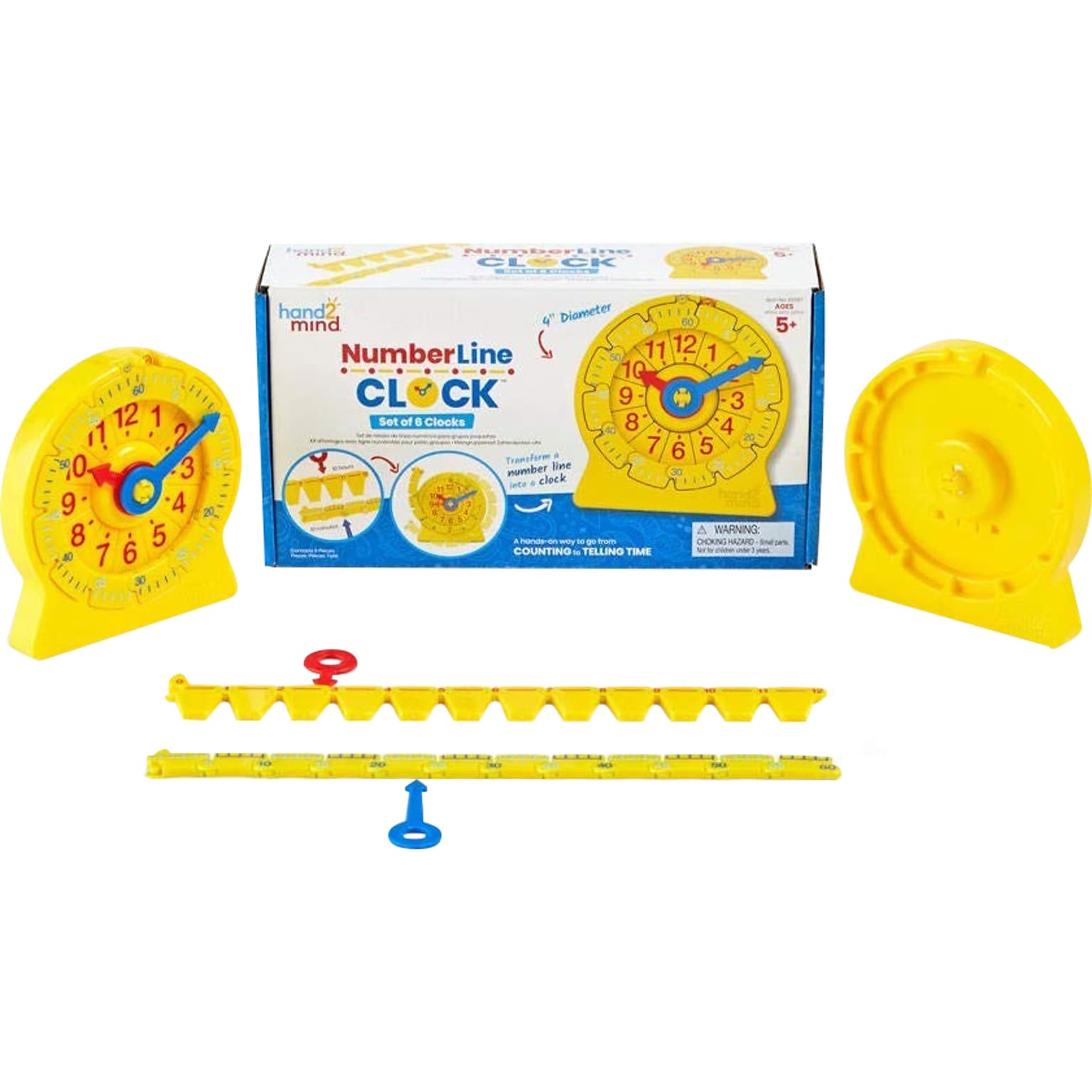 hand2mind NumberLine Clock Mini Student Clock, Yellow, 6/Set (92287)