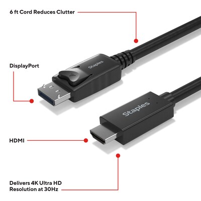 Staples TECH 6 ft. Display Port to HDMI Audio/Video Cable, Male to Male, Black (ST62466)