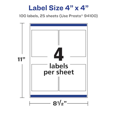 Avery Laser/Inkjet Square Multipurpose Labels, 4" x 4", Matte White, 100 Labels/Pack (94100)