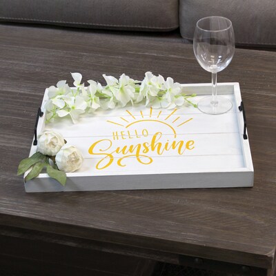 Elegant Designs "Hello Sunshine" Decorative Wood Serving Tray w/ Handles, 15.50" x 12", White Wash (HG2000-WHS)