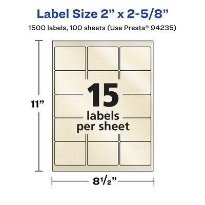 Avery Pearlized Ivory Rectangle Multipurpose Labels, 2" x 2-5/8", Ivory, 1500/Box (94235)