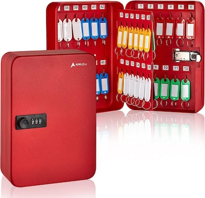 AdirOffice 48-Key Cabinet with Combination Lock and Key Tags, Red (682-48-RED-689-PKG)