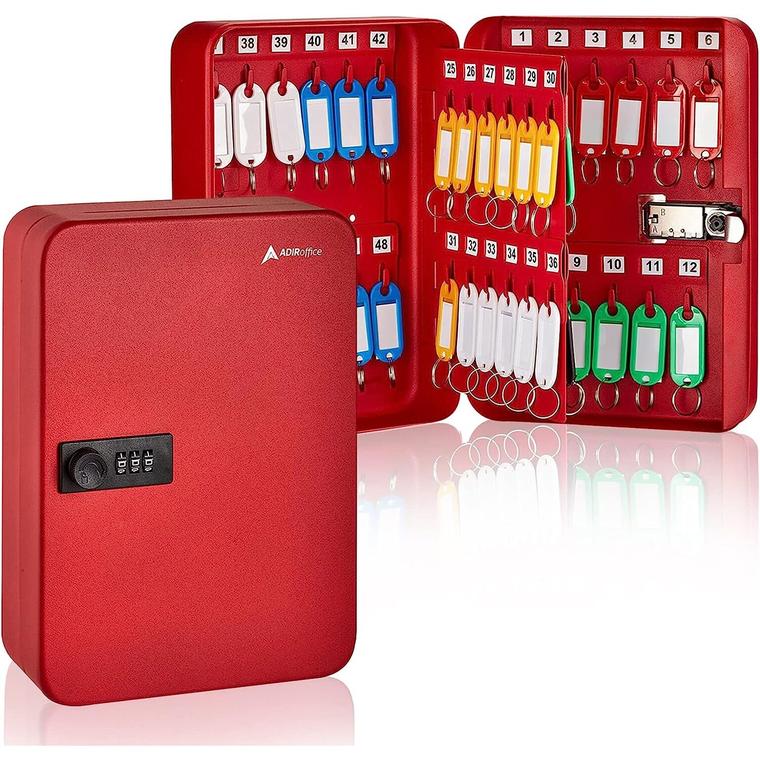 AdirOffice 48-Key Cabinet with Combination Lock and Key Tags, Red (682-48-RED-689-PKG)