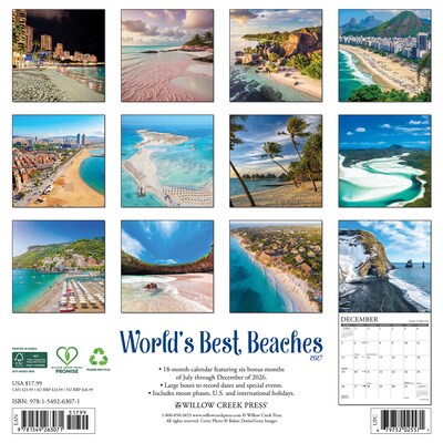 2027 Willow Creek Worlds Best Beaches 12 x 12 Monthly Wall Calendar, Assorted Colors (63071)
