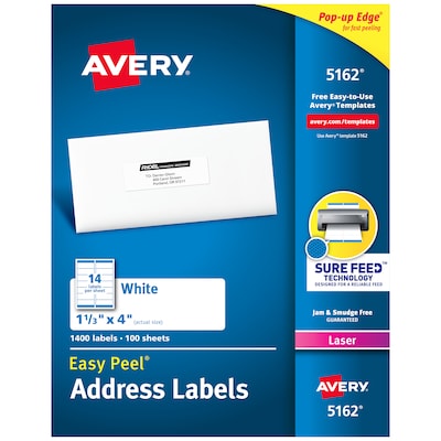 Avery Easy Peel Laser Address Labels, 1-1/3 x 4, White, 14 Labels/Sheet, 100 Sheets/Box   (5162)