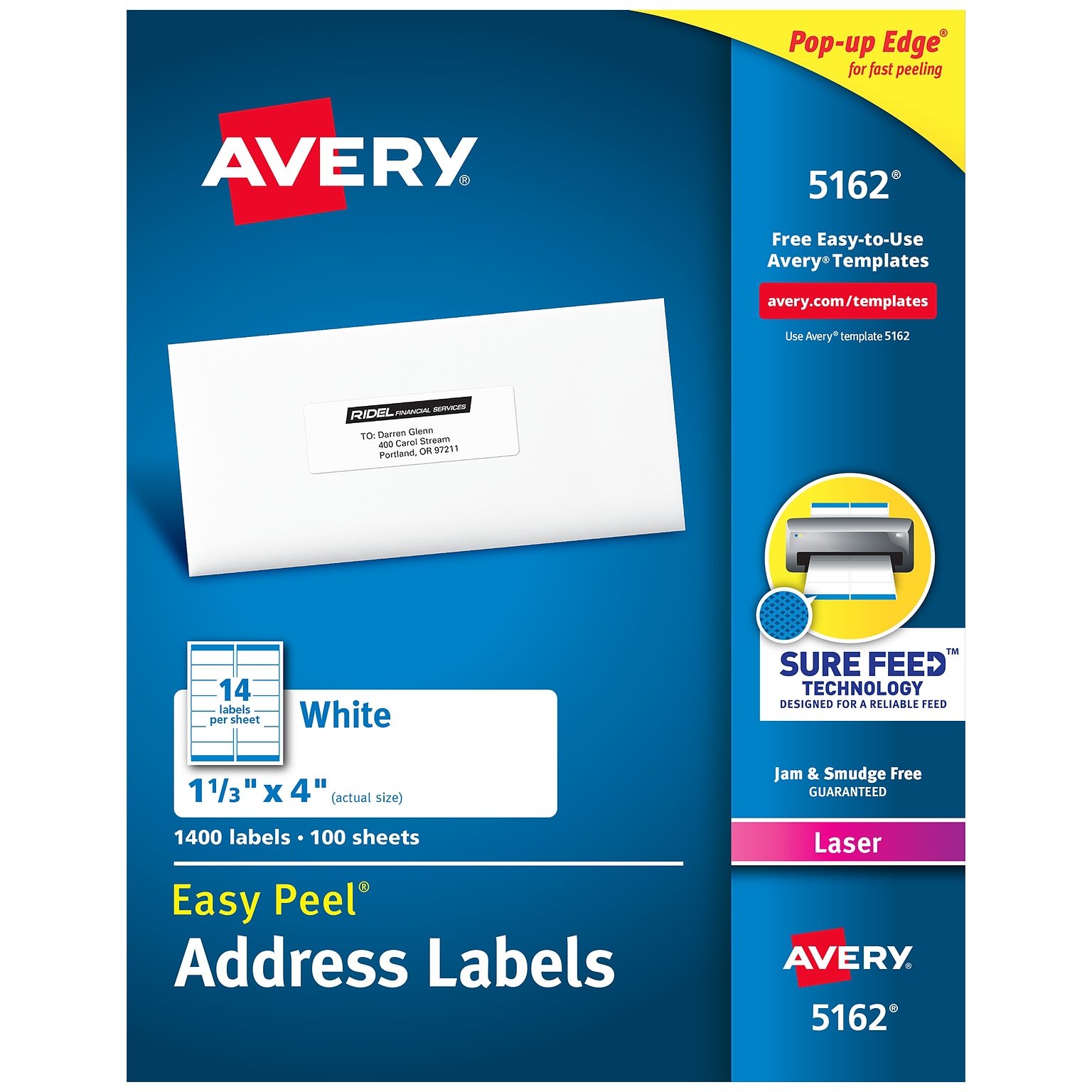 Avery Easy Peel Laser Address Labels, 1-1/3 x 4, White, 14 Labels/Sheet, 100 Sheets/Box (5162)