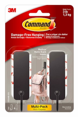 Command Medium Designer Hooks, 3 lb., Matte Black, 2/Pack (17034MB-2ES)