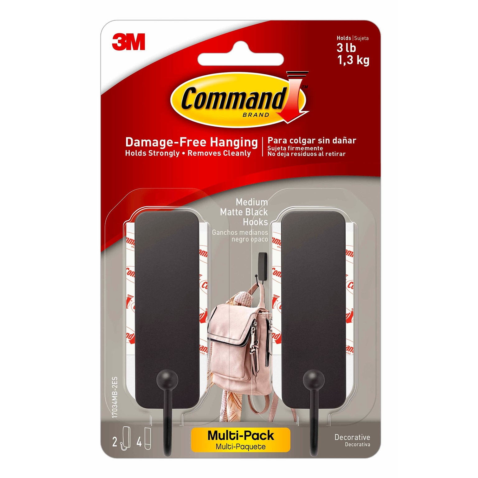 Command Medium Designer Hooks, 3 lb., Matte Black, 2/Pack (17034MB-2ES)