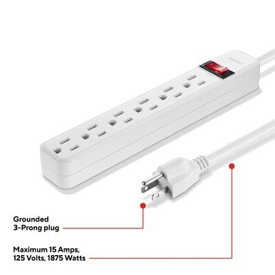 Staples TECH 6-Outlet Power Strip, 6' Cord, White (17651)