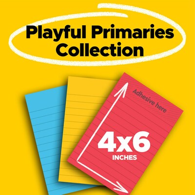 Post-it Super Sticky Notes, 4 x 6, Playful Primaries Collection, Lined, 90 Sheet/Pad, 3 Pads/Pack