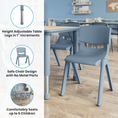 Flash Furniture Emmy Rectangular Activity Table Set, 47.25" x 23.5", Height Adjustable, Natural Woodgrain & Dusty Blue