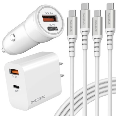 Overtime 38W Wall Charger and Car Charger with Two 6-Foot USB-C to USB-C Cables Bundle, White (OHC6TCX2)