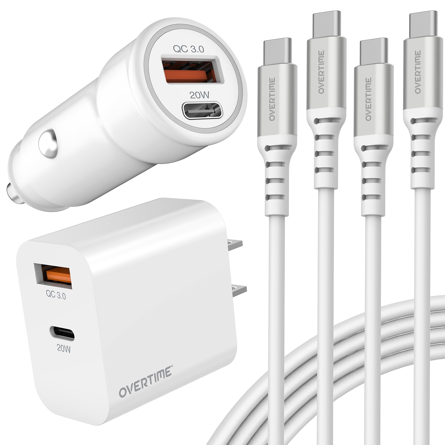 Overtime 38W Wall Charger and Car Charger with Two 6-Foot USB-C to USB-C Cables Bundle, White (OHC6TCX2)