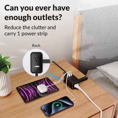 Uncaged Ergonomics 3-Outlet 3-USB Port Power Strip, 3', Black (TC-b)
