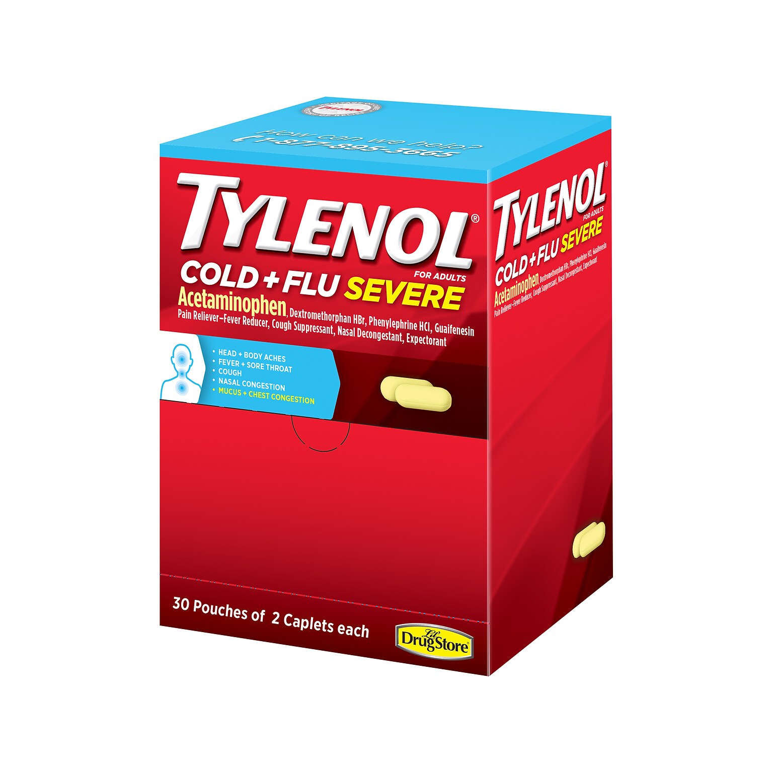 Tylenol Cold + Flu Severe Acetaminophen Caplet, 2/Pouch, 30 Pouches/Box (64568)