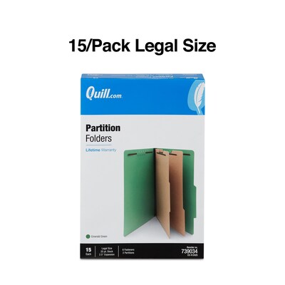 Quill Brand® 2/5-Cut Tab Pressboard Classification File Folders, 2-Partitions, 6-Fasteners, Legal, Green, 15/Box (739034)