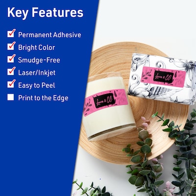 Avery Rectangle Laser/Inkjet Multipurpose Labels, 2/3 x 3-7/16, Bright Pink (600/Pack)