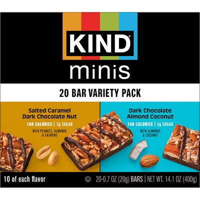 KIND Minis Bars, Salted Caramel Dark Chocolate Nut/Dark Chocolate Almond Coconut, 0.7 oz., 20/Pack (27970)
