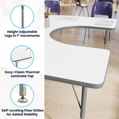 Flash Furniture Wren Horseshoe Activity Table, 66" x 60", Height Adjustable, White Top/Silver Frame (XUA6066HRSEWTA)