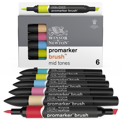 Winsor & Newton Promarker Dual-Tip Brush Alcohol Based Marker, Mid Tones, 6/Pack (WNX0290124)