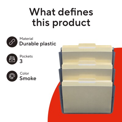 TRU RED Unbreakable 3-Pocket Plastic Letter Wall File, Smoke – Durable Wall-Mounted Organizer for Mail, Documents & Daily Filing
