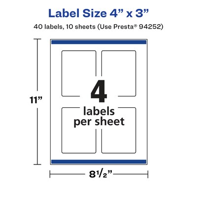 Avery Laser/Inkjet Multipurpose Labels, White, 4 Labels/Sheet, 10 Sheets/Pack (94252-WGP10)