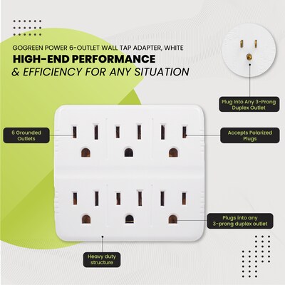GoGreen Power Wall Tap, 6 Outlet, White, 3/Pack (GG-16000TW)